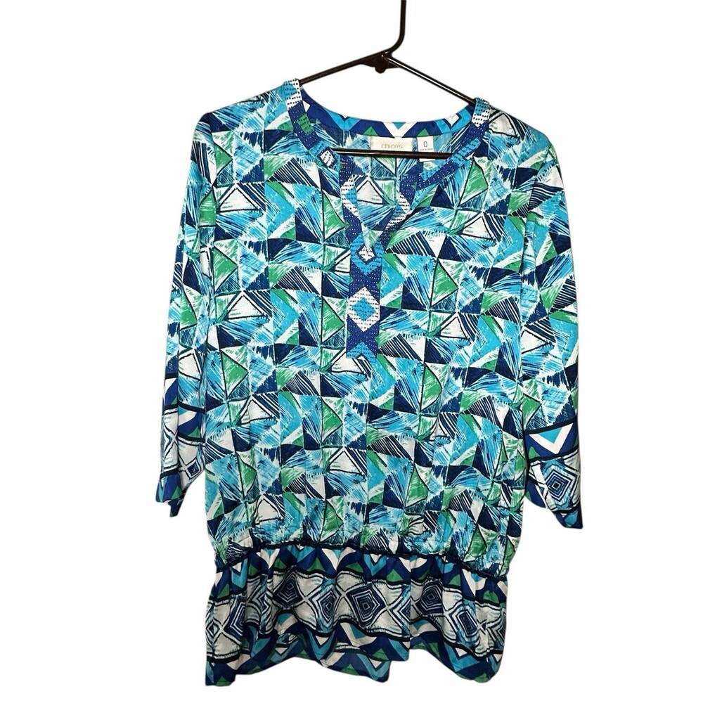 Chico’s Sz 0 Banded Waist Blouse Blue Geometric Beaded Neckline 3/4 Sleeves